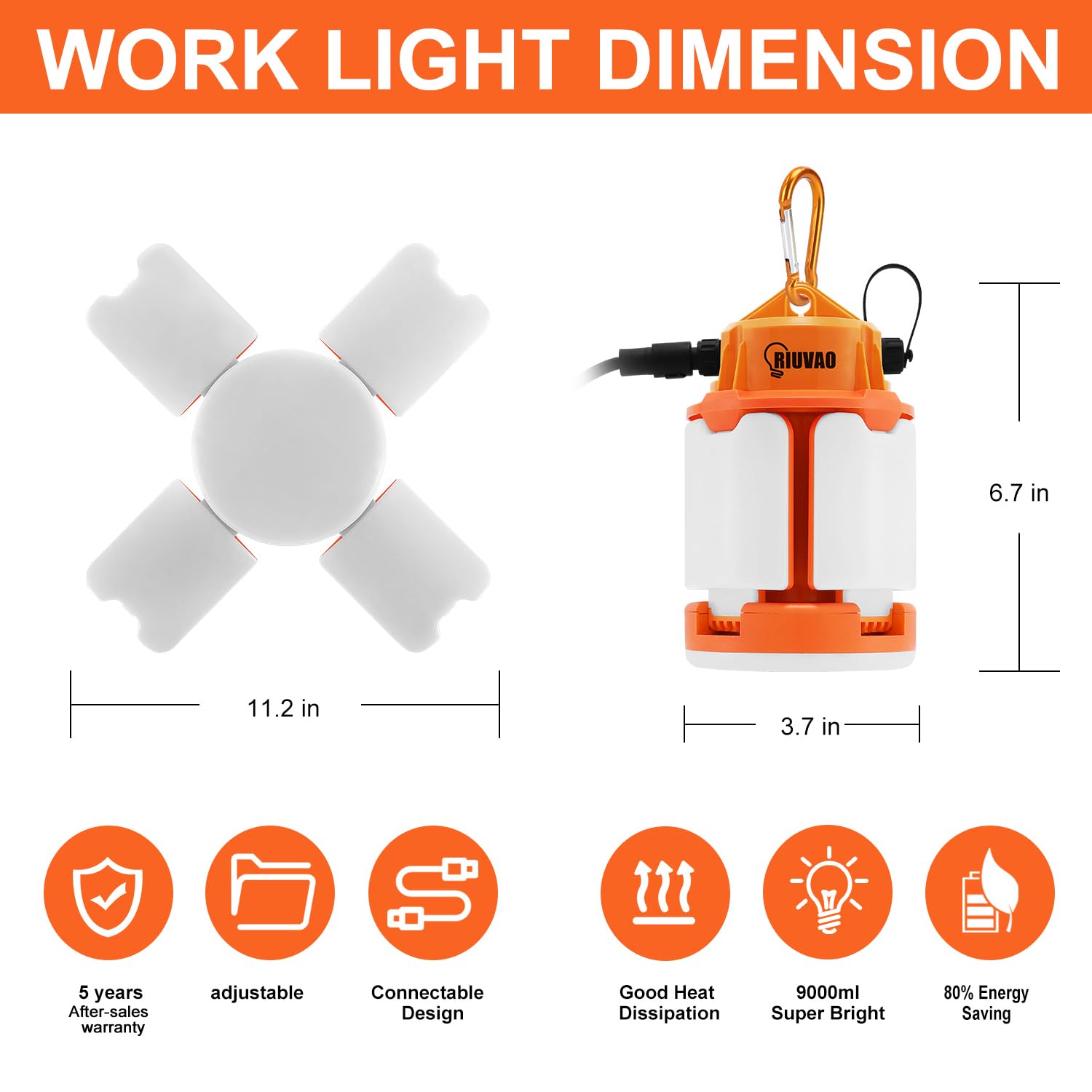 Tymczasowa lampa robocza LED, 60 W, 9000 lm, 5000 K, super jasne światła budowlane, 4 regulowane panele świetlne, światło robocze LED IP67, wodoszczelne, z haczykiem, przenośne