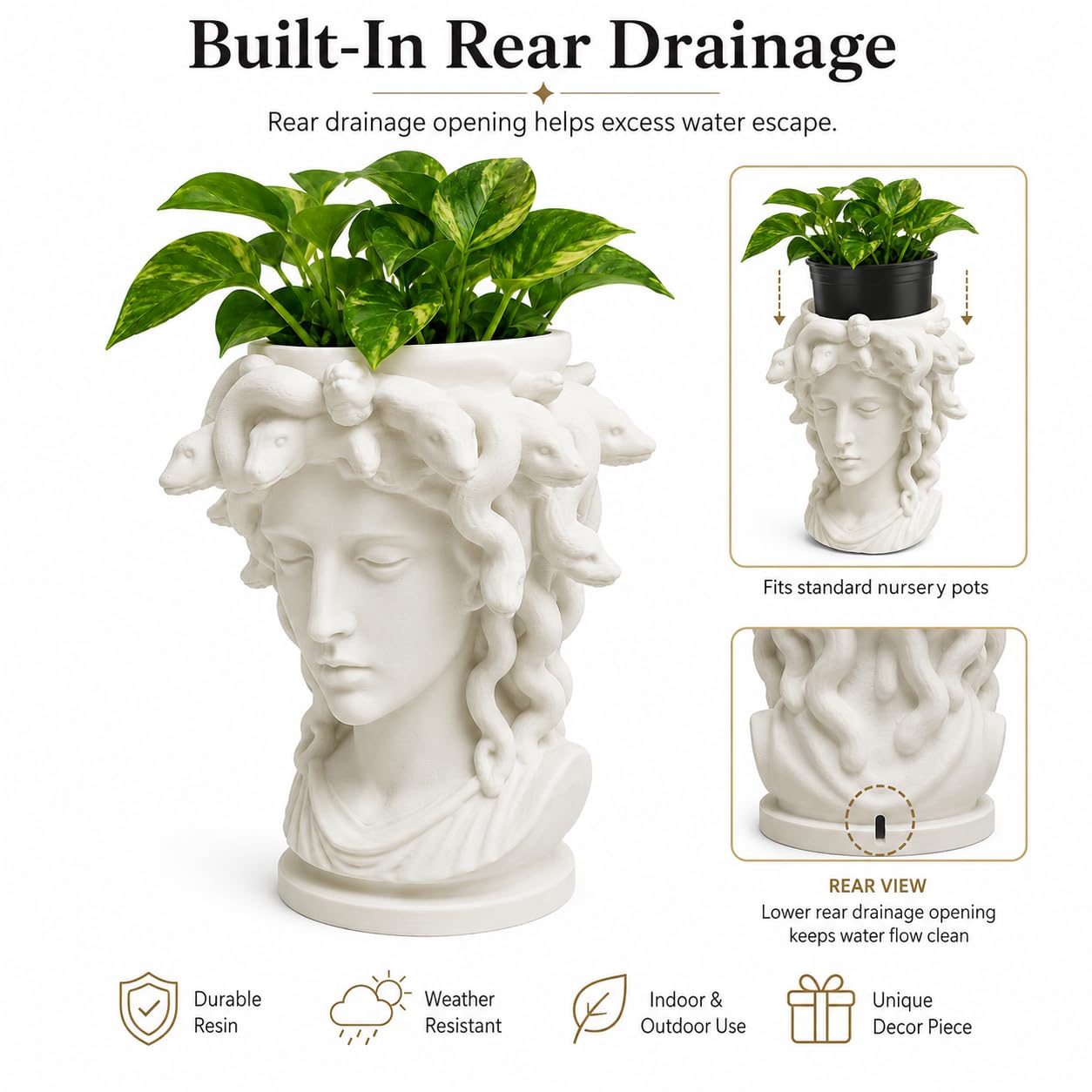 Vaso da fiori a forma di testa di Medusa, statua della dea greca, vaso estetico bianco per piante da interno, piante grasse ed edera, busto mitologico, decorazione per la casa per scaffale, scrivania