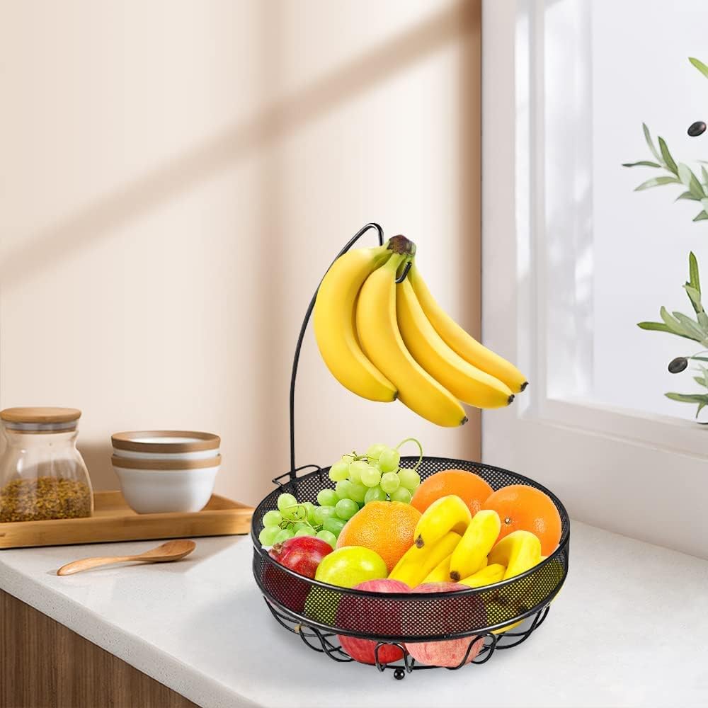 Cesto di frutta a 2 ripiani con manico in legno per cucina e sala da pranzo, porta frutta e verdura porta pane (bianco, misura grande: 32 x 32 x 22 cm