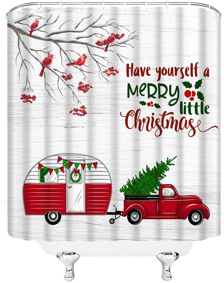 4pcs Christmas Gnome Shower Curtain Set with Rug Winter Forest Xmas Snowflake Hello Blue Winter Snowy Pine Tree Holiday Bathroom Set with Hooks(U Shape and Toilet Lid Cover Mat)
