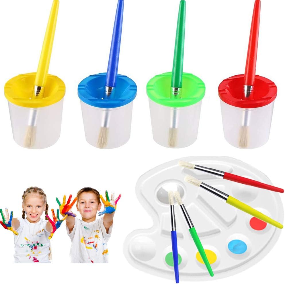 DIYASY Paint Cups with Brushes Set, 4 PCS Spillproof Paint Pots with Lids and Four-colored Hog Bristle Paint Brushes for Beginners Kids School Supplies (Free Paint Palette)