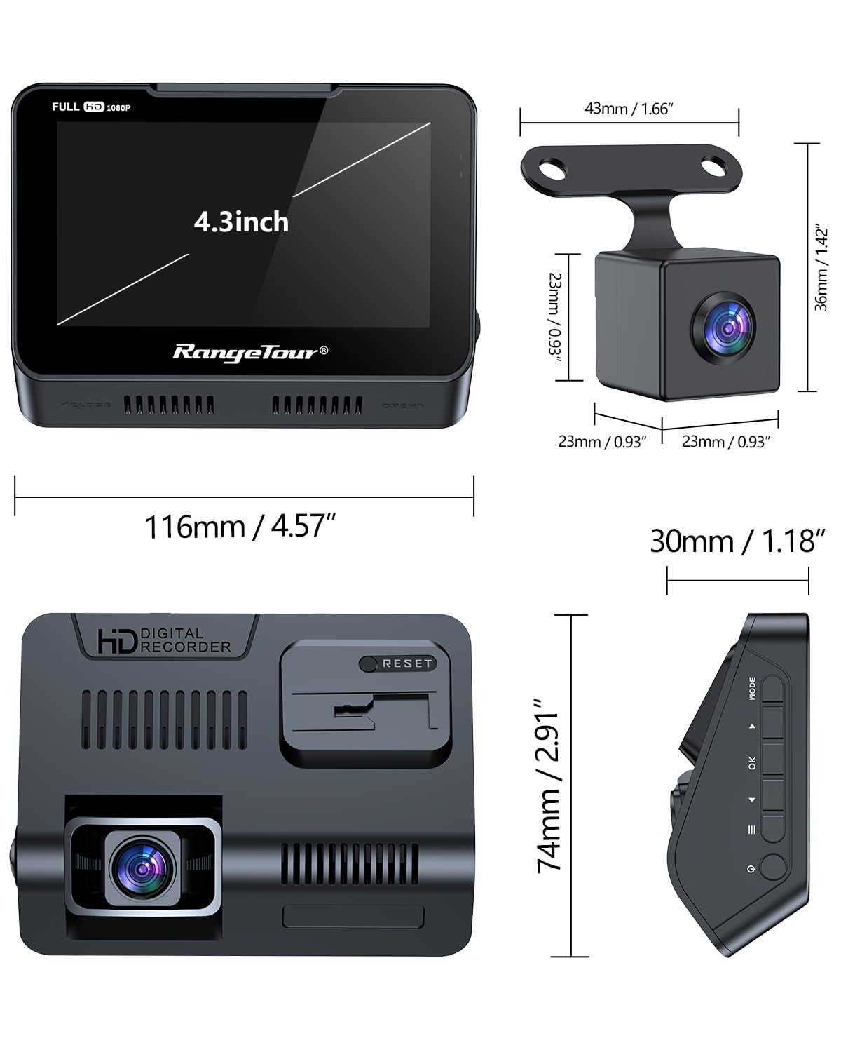 Dash Cam anteriore e posteriore, doppia telecamera da cruscotto grandangolare a 170°, 10,9 cm, impermeabile, registratore di guida con rilevamento del movimento e registrazione in loop