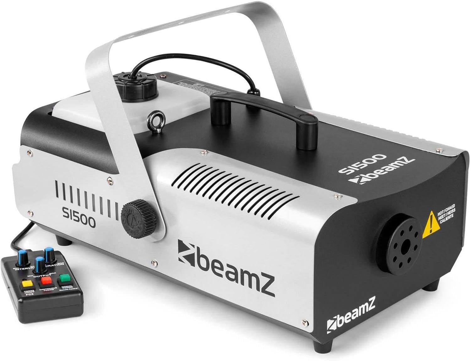 BeamZ S1500 Machine à Fumée 1500 Watts, Télécommande avec Contrôle du Débit et Programmateur, Réservoir 2.5 L, Débit par Minute 295m³, Étrier de Montage, Idéal pour Scène ou Discothèque