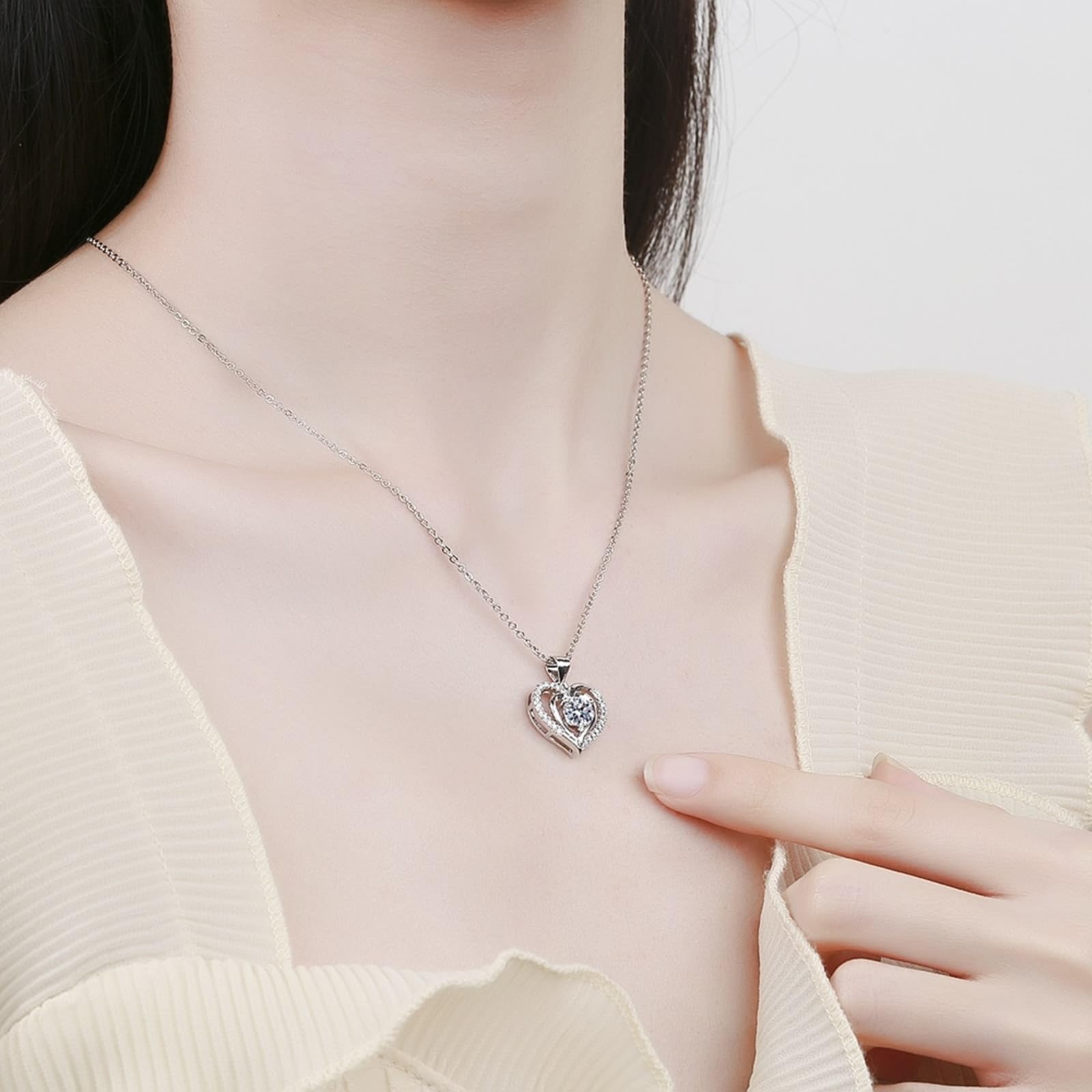 Daesar Collana Donna Oro Bianco 750 18K Vero, Ciondoli Collane Donna Classico Doppio Cuore con Diamante Sintetico Rotondo Oro Bianco, 45CM Lunghezza
