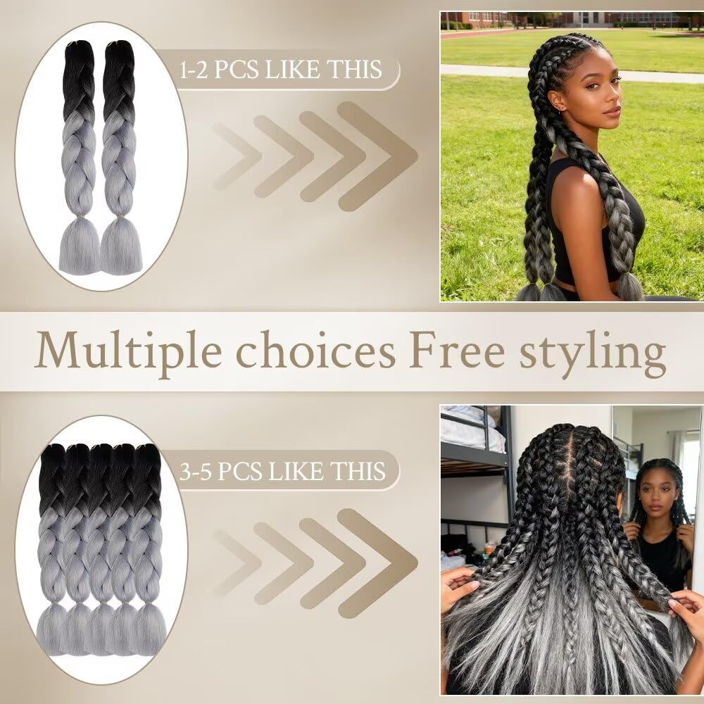ShowJarlly African Braids Extension 24 Inch Braid Hair Ombre Jumbo Braid Hair Fiber Box Braid for Crochet Twist Braiding Hair (Black + Silver Grey) - 5