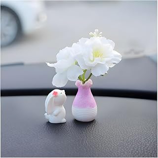 FALVFUN Car Rearview Mirror Dashboard Ornaments, 2PCS Cute Funny Mini Bunny and Peach Blossom in Flower Vase Decorations, Auto Interior Accessories for Women Girls, Universal Fit (White/Purple Red)