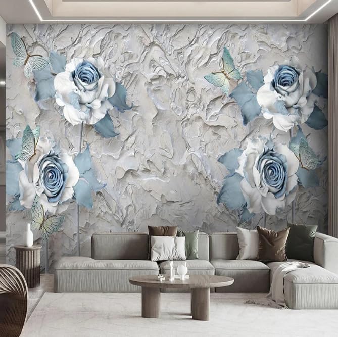 Papier peint panoramique fleurs bleues pour masquer un grand mur blanc vide