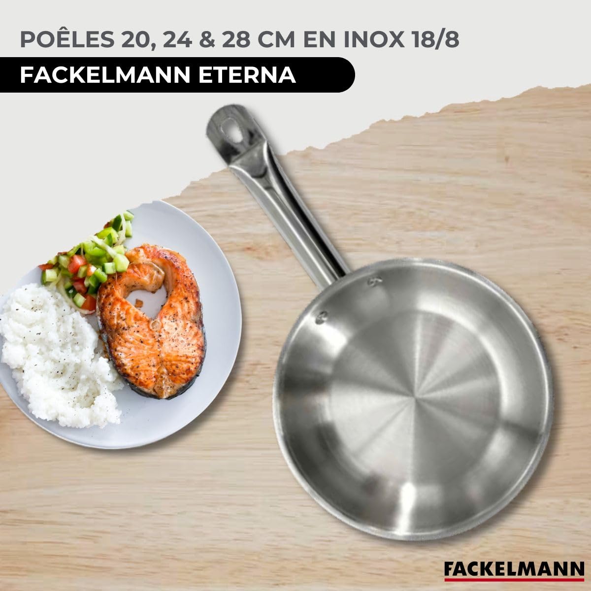 Fackelmann Set 3 poêles inox avec 6 ustensiles inox 20, 24 et 28 cm