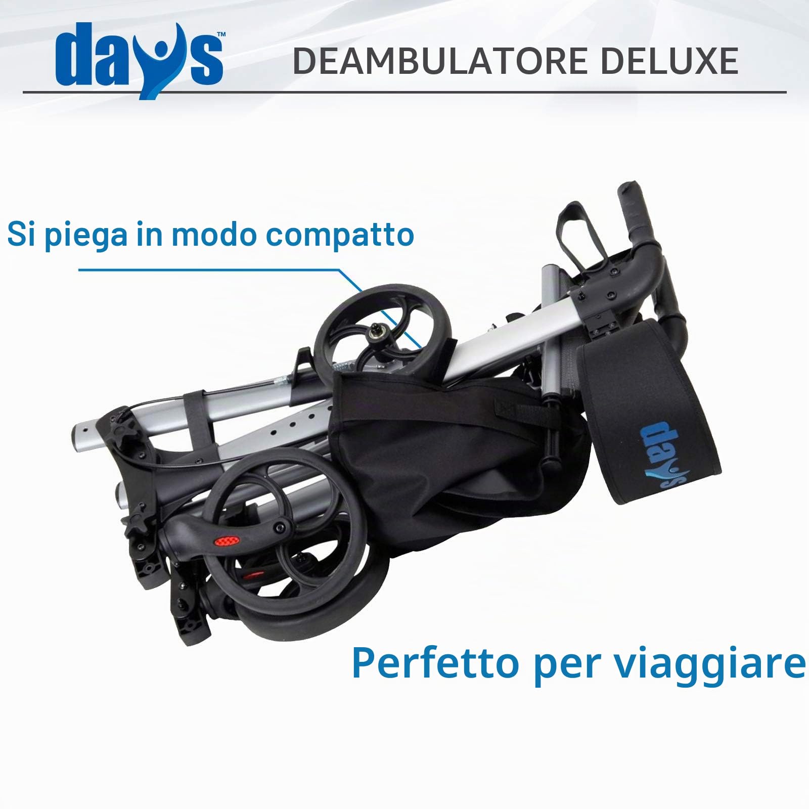 Days - Girello con 4 Ruote, Leggero, Pieghevole, si Conserva Facilmente, Adatto per i Viaggi, con Borsa di Trasporto, Ausilio per la Mobilità, Altezza della Seduta Regolabile, 55 cm