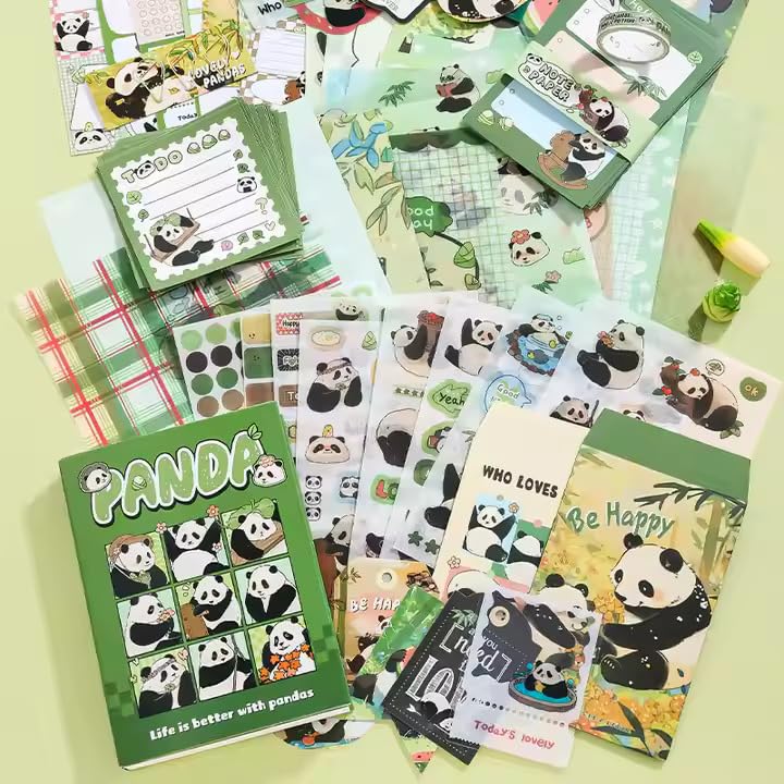 Image of VOTDOT Paper Junk Journal & Scrapbook Kit, Scrapbooking Supplies Kit with Creative Decor Journaling Supplies, Stationery, Stickers, A6 Grid Notebook with Graph Ruled Page Gift for Girl (Panda)