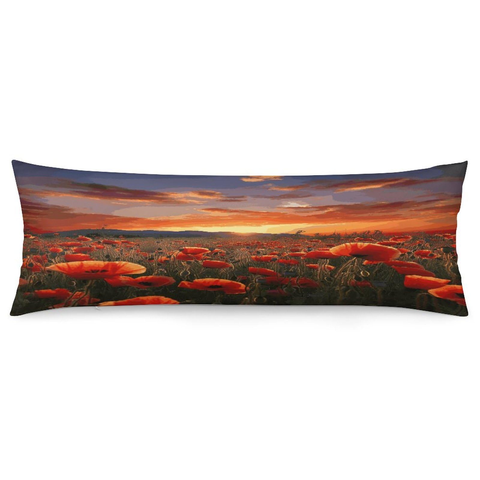 Red Poppy Flower Field in Sunset Pillowcase Decorative Long Body Pillow Case Soft Breathable Body Pillow Cover Modern Large Pillowcase Cute Body Pillow Pillowcases for Bedroom Couch 18.9 X 53 Inch