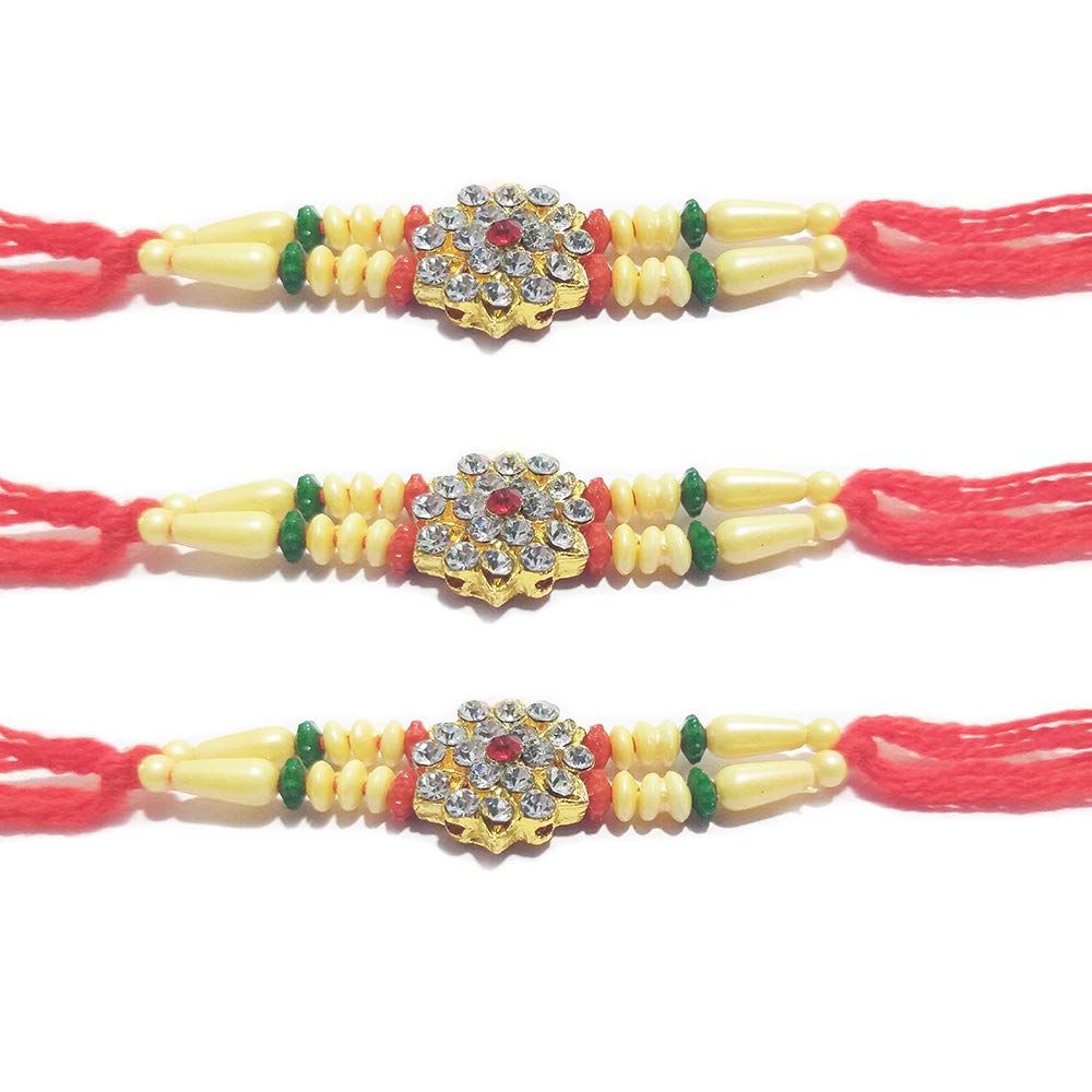 WhopperIndia Set of 3 Multi Diamond Rakhi Traditional Rakshabandhan Rakhee Bracelet Color and Design May Vary