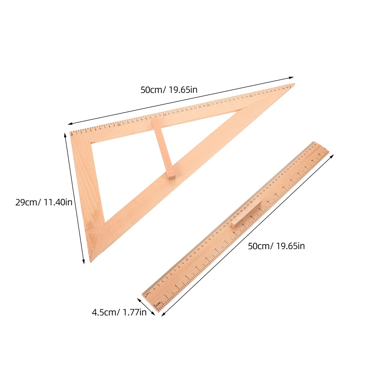 Righello Didattico in Legno 50cm e Squadra Angolare Set 2 Pezzi, Dispositivo di Misurazione per Scuola e Cucito, Strumenti Didattici per Studenti e Insegnanti