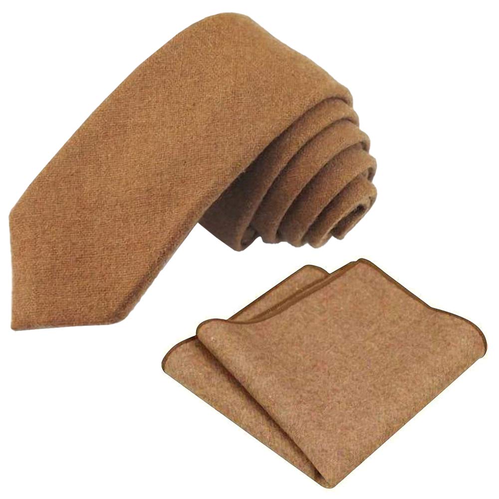 Db Dickie Bow Men's Camel Tan Luxury Wool Skinny Neck Tie & Pocket Square Set (Camel Tan) - Suitable For Formalwear, Office, Weddings, Parties, Grooms & Grooms Outfits