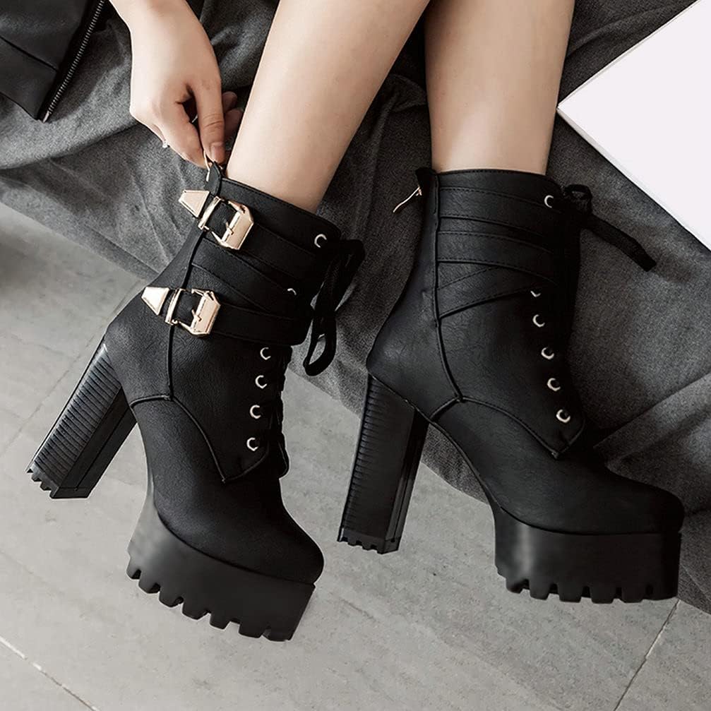 KOKOMOMO Womens Stacked Chunky High Heeled Combat Boots Lace Up Platform Booties