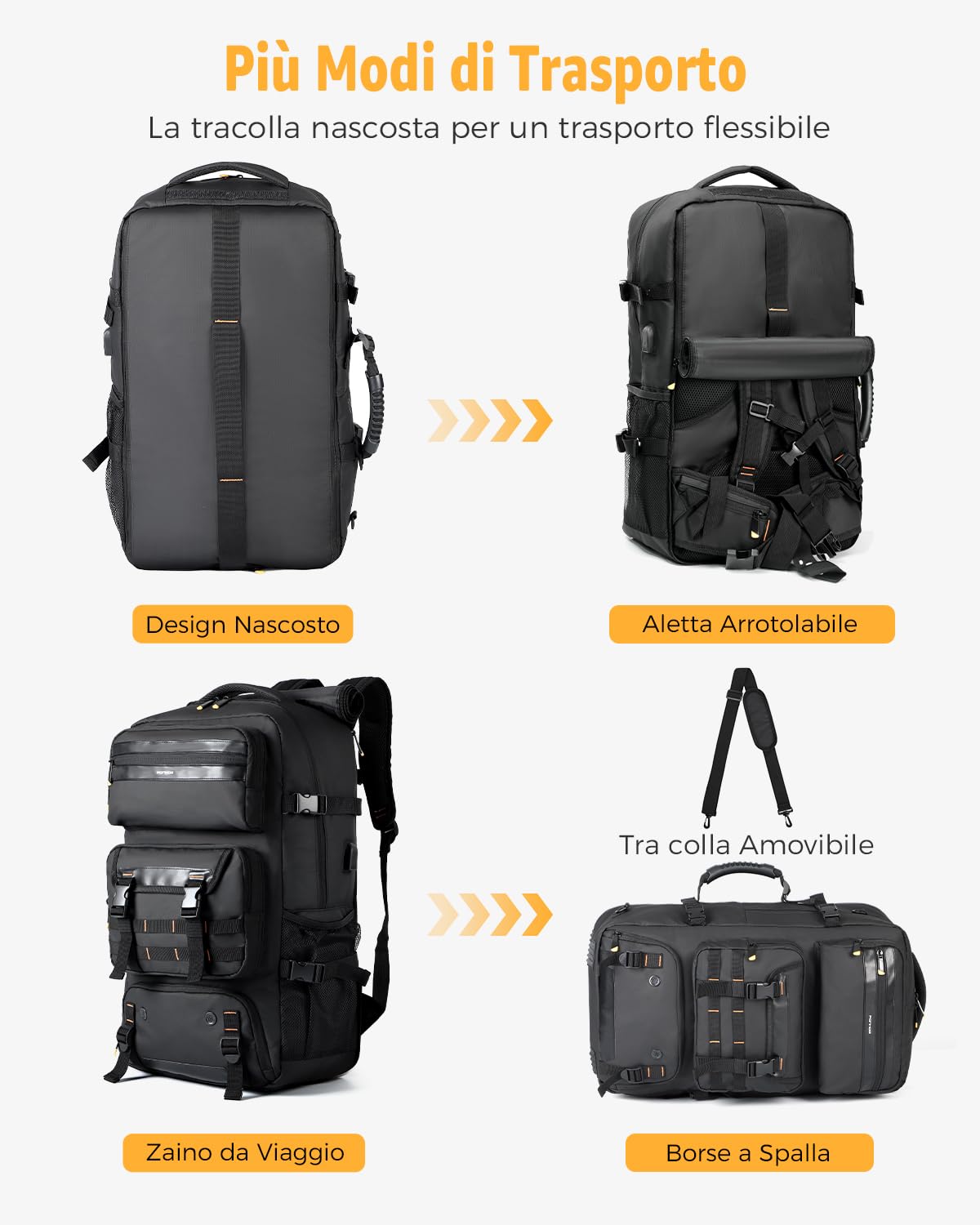 Ponhog Mochila de Viaje Grande 50L, Mochila Viaje Impermeable para Portátil 17,3, Travel Backpack para Excursión y Acampada, Negro
