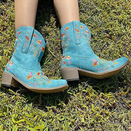 Hbeylia Cowboy Boots For Women Vintage Embroidery Pointed Toe Chunky Mid-Heels Western Cowgirls Boots Retro Slip On Wide Mid Calf Boots Riding Knight Ankle Booties2