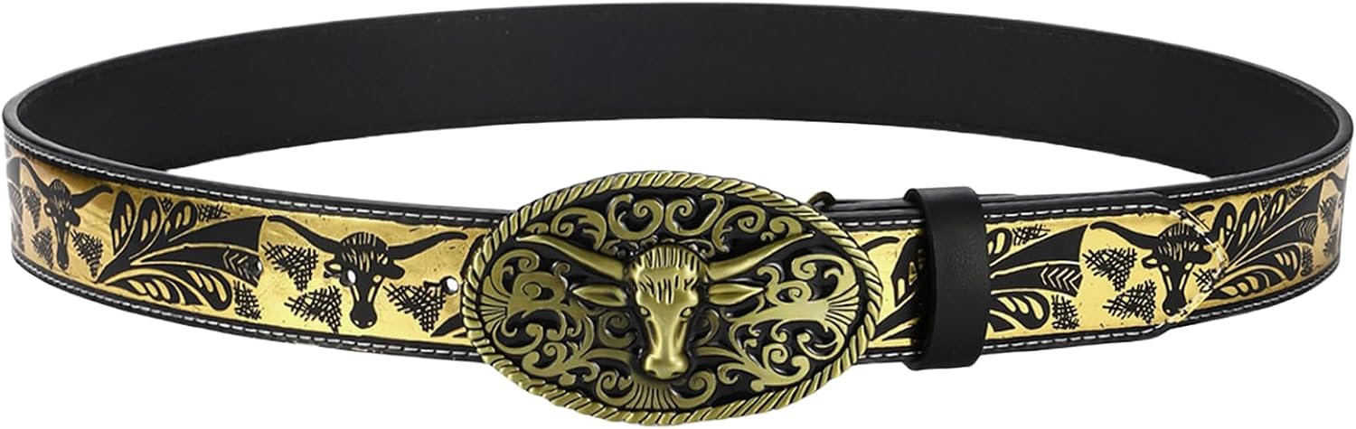 Western Cowboy Cowgirl Belt Country belt for Men Women Vintage Engraved Leather Longhorn Bull Buckle Belts for Jeans
