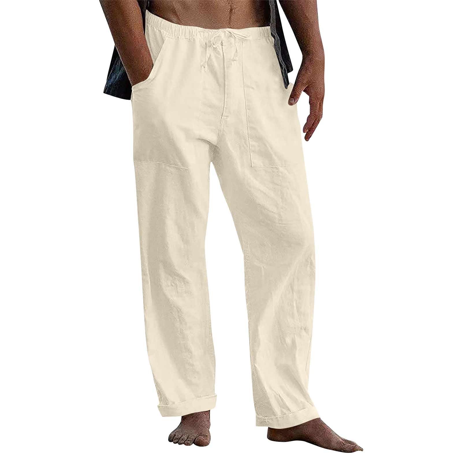 KUIOLYPOERLinen Pants Men Yoga Beach Baggy Casual Pants 2025 Summer Elastic Waist Drawstring Cotton Trousers with Pockets