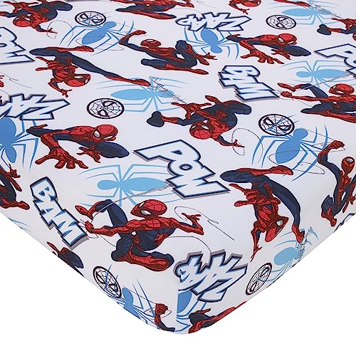 Image of NoJo Marvel Spiderman to The Rescue Red, White, and Blue 4 Piece Toddler Bed Set - Comforter, Fitted Bottom Sheet, Flat Top Sheet, and Reversible Pillowcase