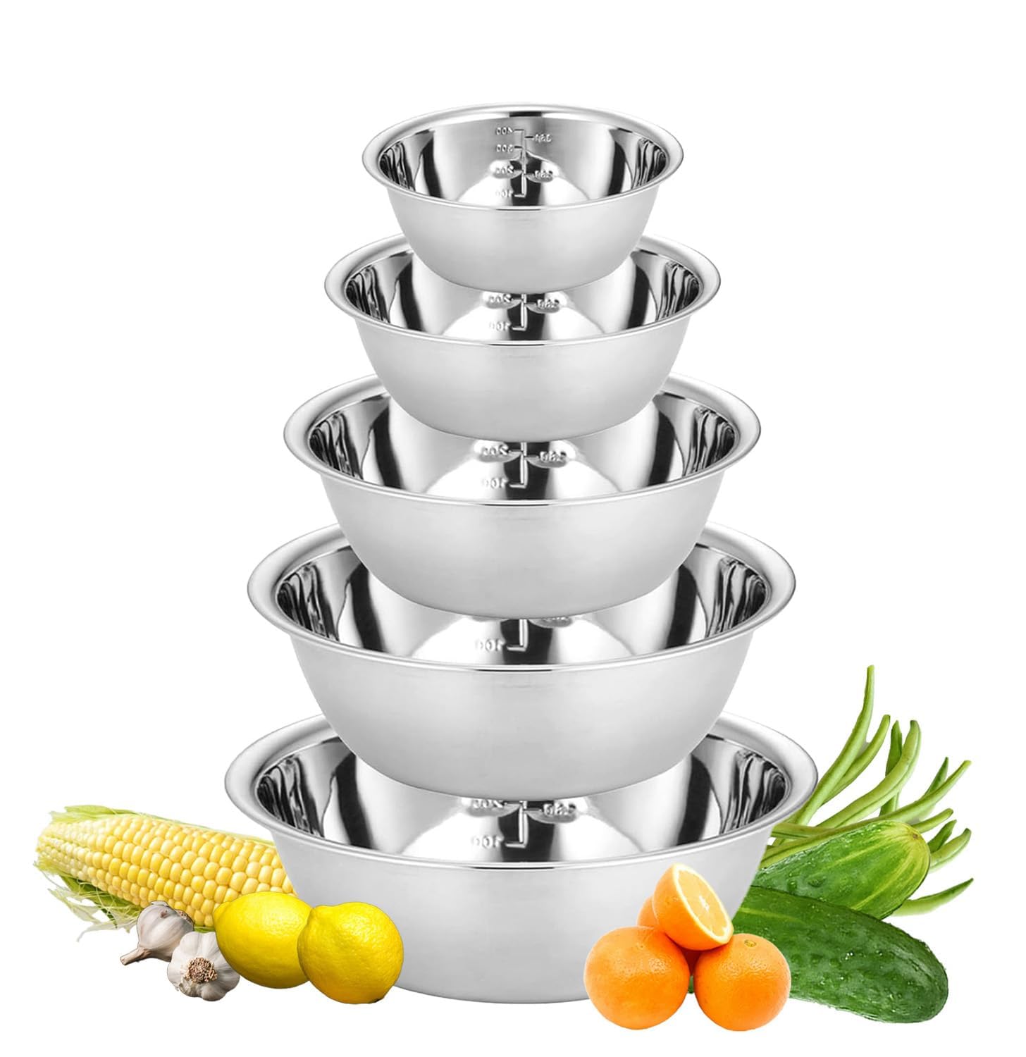 Set di ciotole in acciaio inox, ciotole in acciaio inox, ciotole in metallo, ciotole da portata, impilabili, per cucina, cottura al forno, insalata, 14/16/20/22/24 cm, set da 5 pezzi