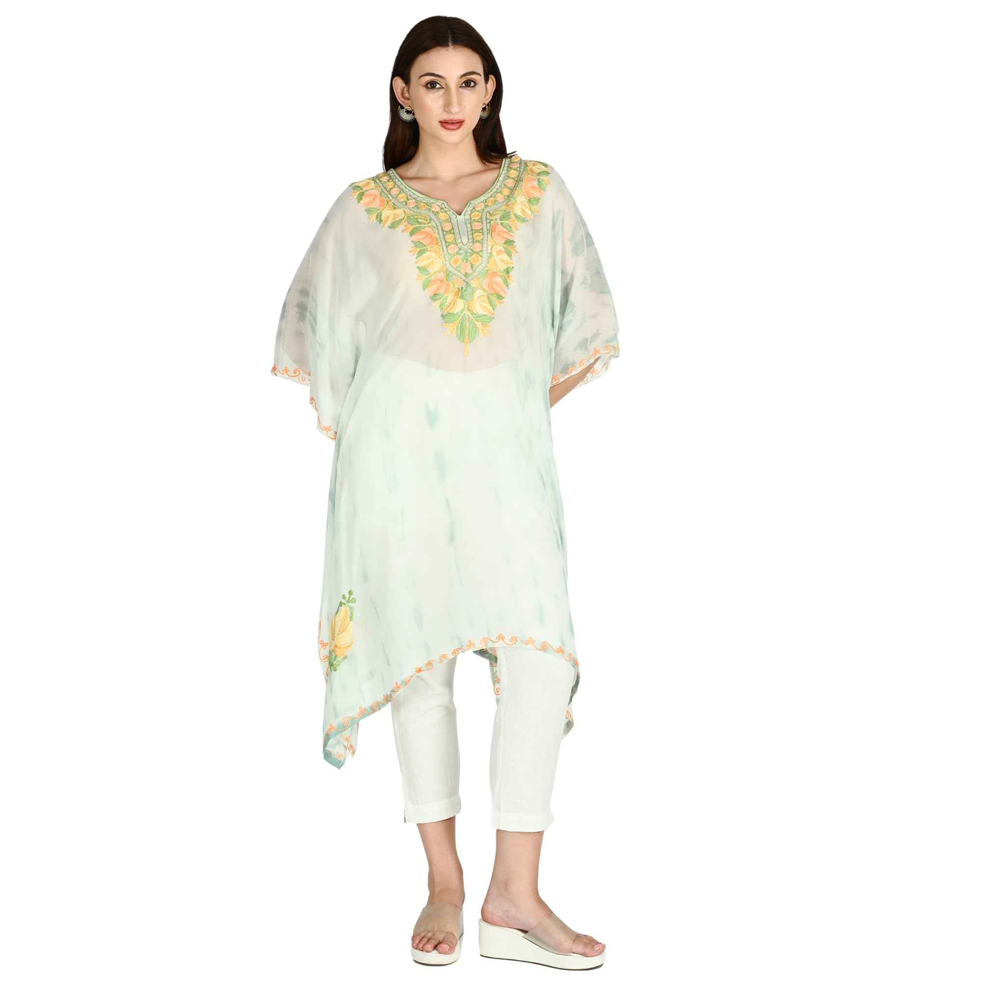 Women Kashmiri Shibori Georgette Kaftan, Printed Pattern, Lightweight Fabric, Free Size, Relaxed Fit (TAZ110) Multicolour-image-33