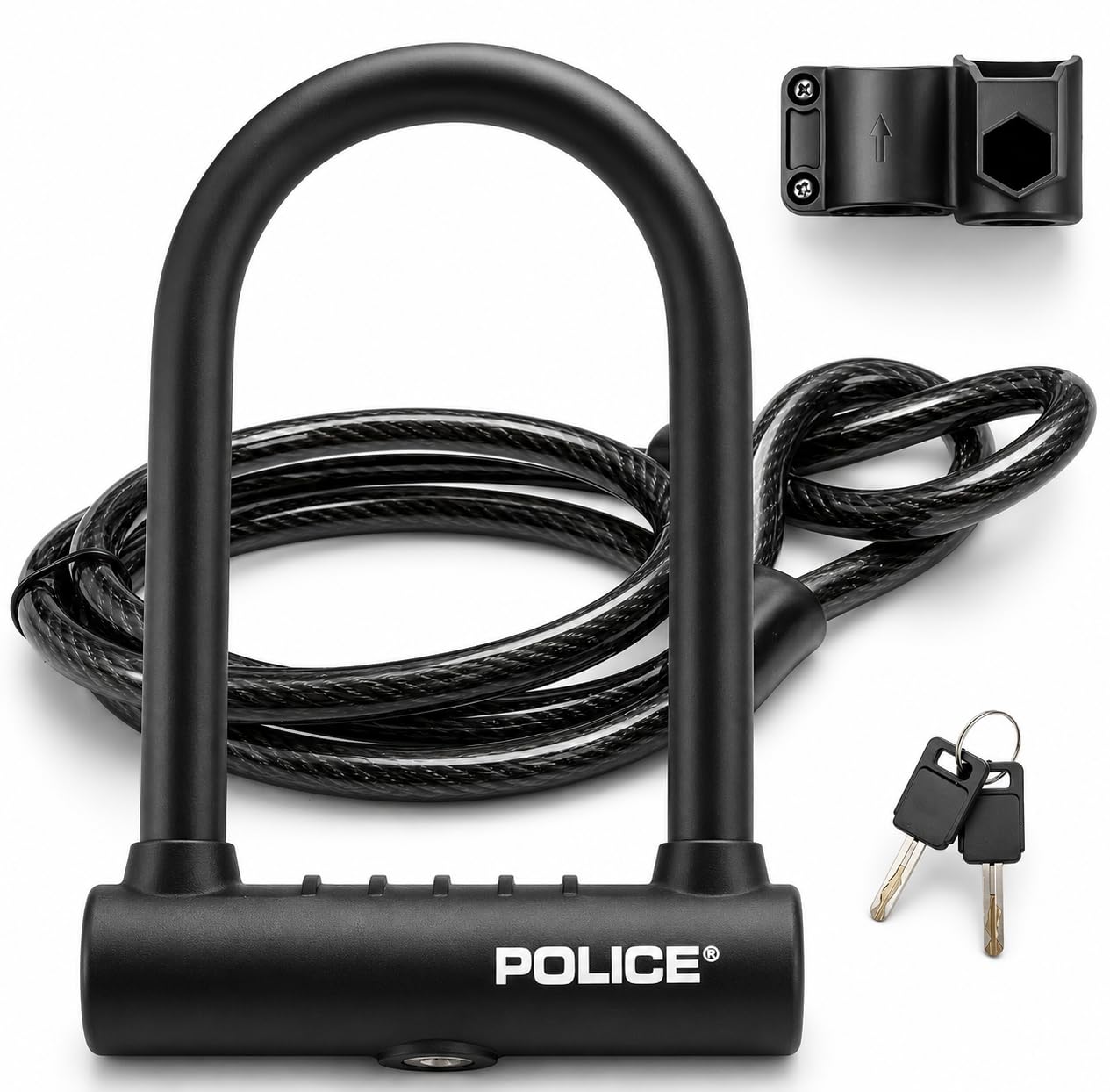 POLICE Candado de bicicleta con llave, candado en U para bicicletas, candado para scooters, equipo al aire libre, candado de bicicleta recubierto de silicona con cable, color negro