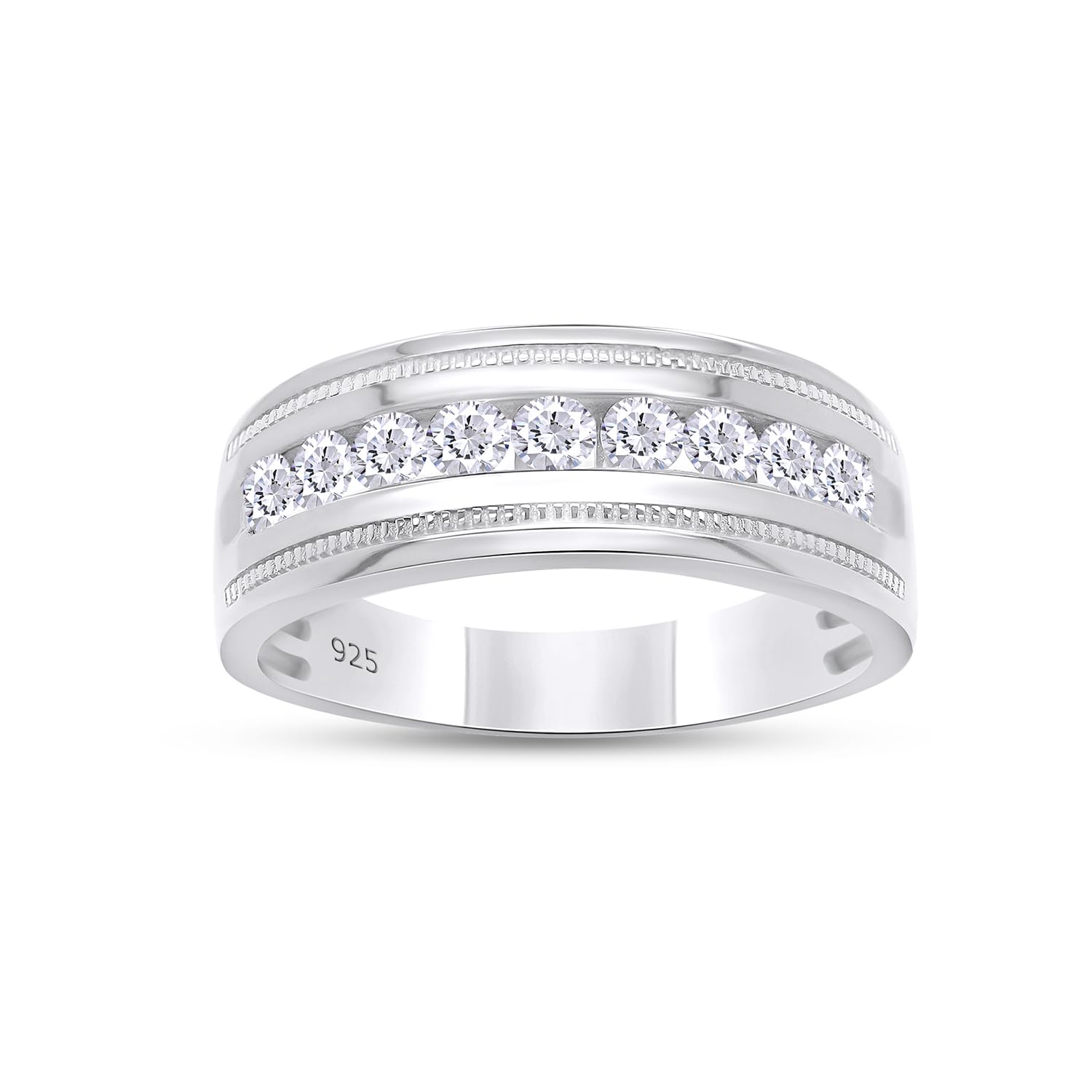 Men's Wedding Band Ring with Round Lab Created Moissanite or Lab Grown Diamond Milgrain Anniversary Ring in 14K Gold Plated 925 Sterling Silver Jewelry Gift for Him