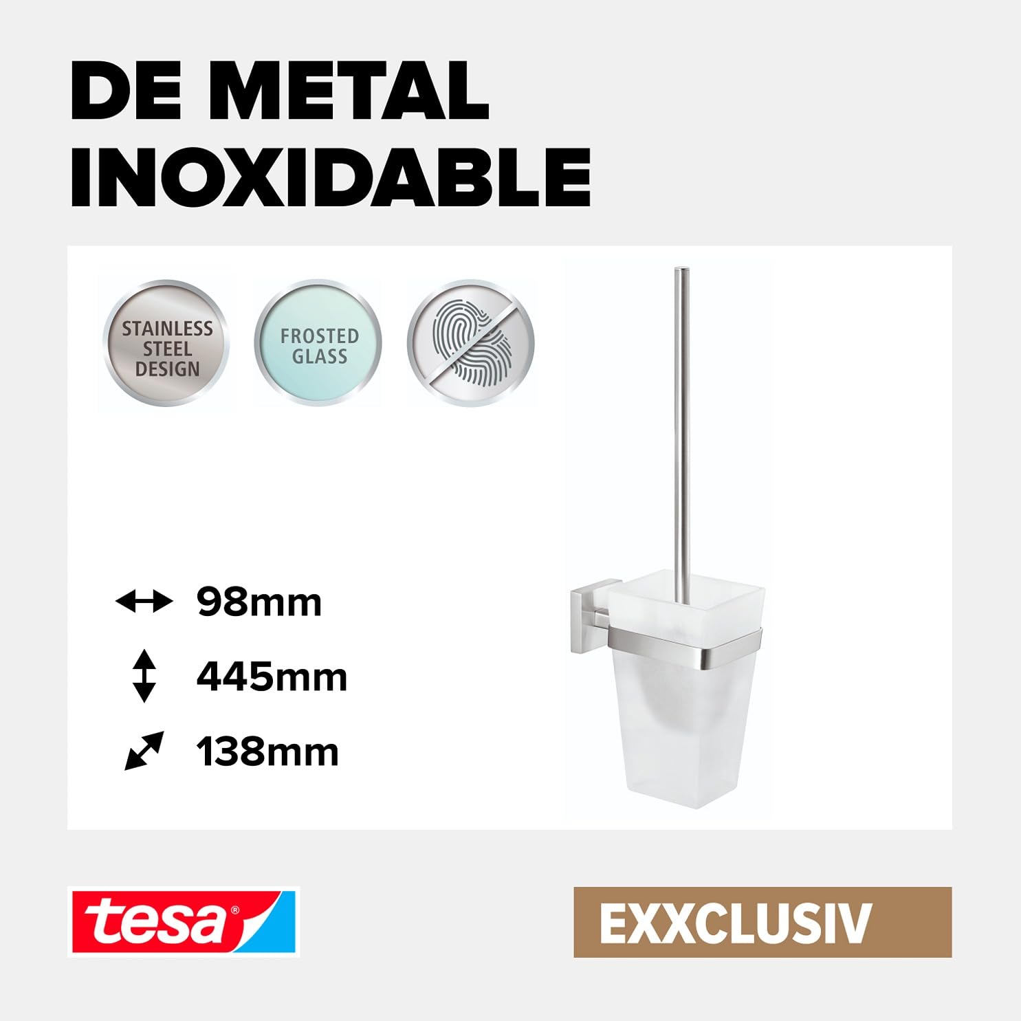 tesa EXXCLUSIV - Soporte para Escobilla de Baño - Montaje sin Taladrar - Alta Fuerza de Fijación con Tecnología Power.Kit - 445 x 95 x 137 mm - Acero Inoxidable