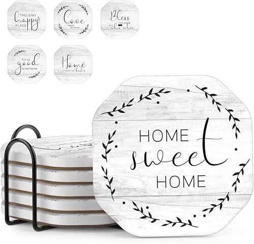 Miniatura 10 de UMIRRO Posavasos de cerámica y piedra absorbentes con soporte para mesa de café de madera Decoración, Posavasos de gres para tazas para bebidas 05.