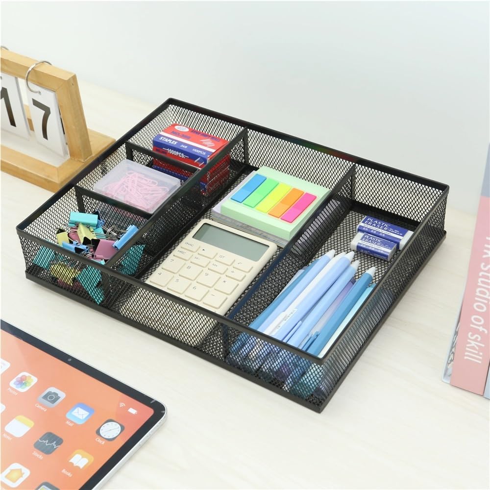 Organizer da scrivania in rete metallica, separatore per cassetti da scrivania con 5 scomparti, accessori per cancelleria e cucina