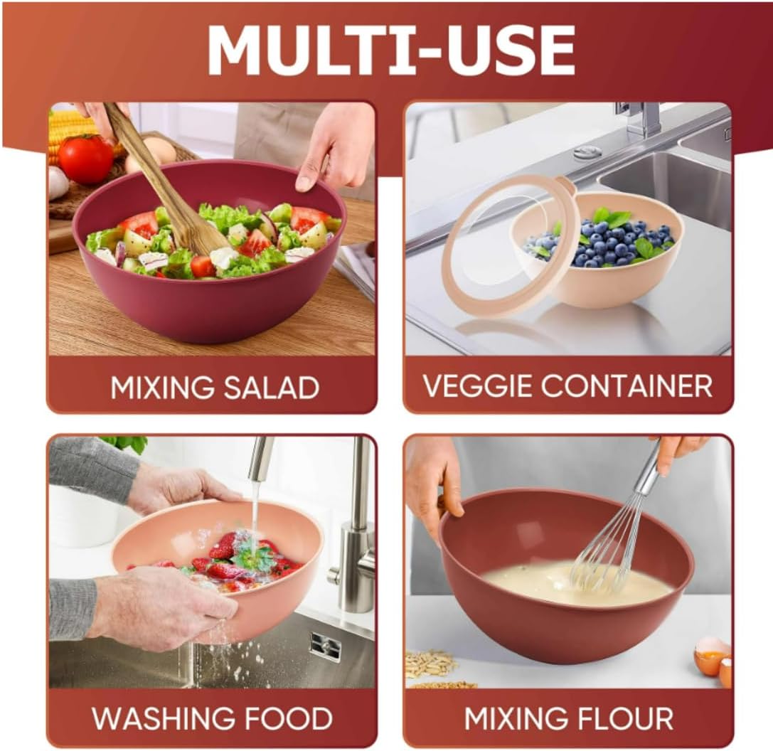 6-Piece Mixing Bowl Set with Lids, Plastic Nesting Bowls for Mixing, Storage, and Serving, Red