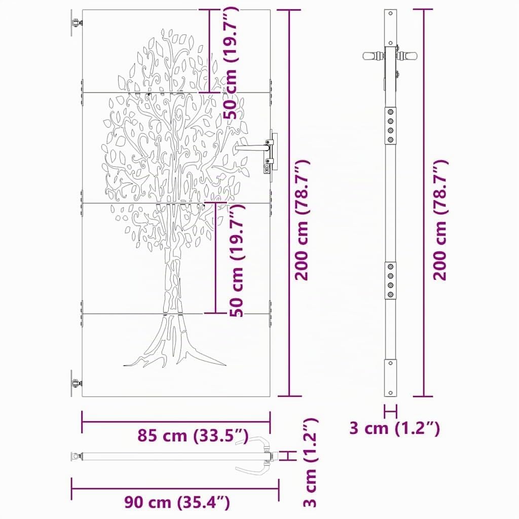 vidaXL Puerta de jardín Acero corten diseño árbol 85x200 cm, Puerta de Metal, Puerta Delantera de jardín, Puerta de jardín con Cerradura