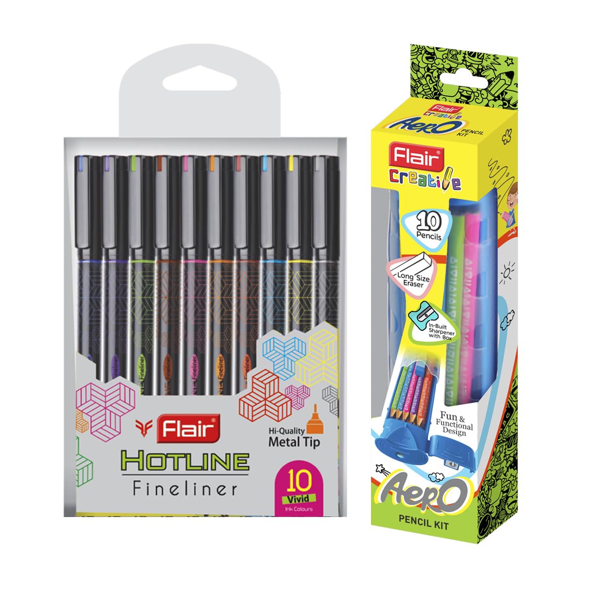 FLAIR Creative Series 10 Vibrant Colorful Shades Hotline Fineliner & 10 2B Aero Pencil with Built In Sharpener & Eraser Combo | Ideal for Drawing, Mandala, Sketching, Doodling, Journal, Coloring (B0CMHS35FG) Amazon Price History, Amazon Price Tracker