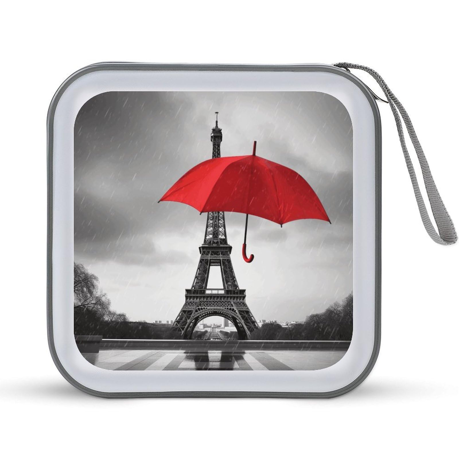 VstaDank Eiffel Tower with Red Umbrella, 40 Capacity CD Case, with Zipper Disc Storage Organizer, Portable Hard Plastic Storage CD Holder, Organizer