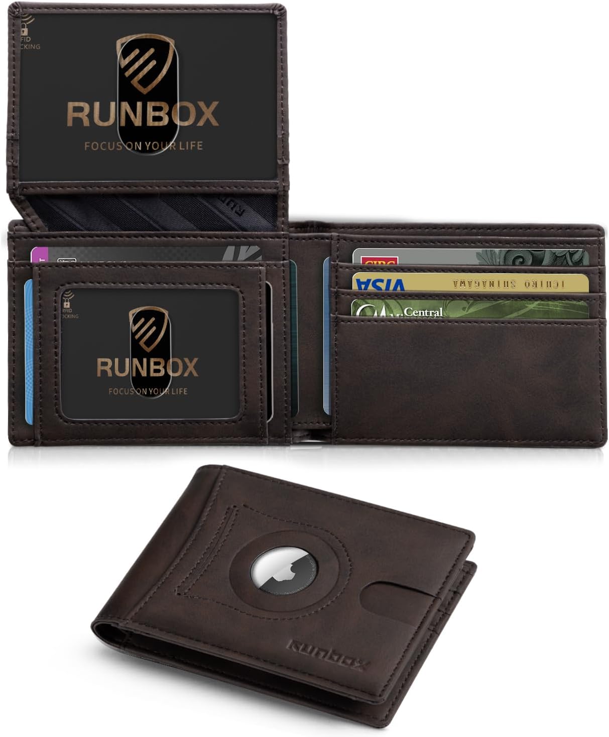 RUNBOX Airtag Wallet for Men 15 Cards Wallets Slim Rfid Leather 2 ID Window With Gift Box