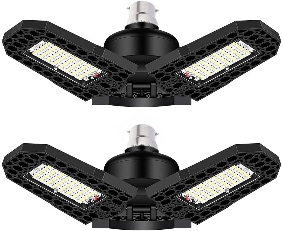 B22 Bayonet Cap LED Garage Lights 2 Pack, 80W Deformable LED Garage Ceiling Lights, Super Bright 9600 Lumens 6000K Daylight LED Shop Lights with 3 Adjustable Panels,CRI 80+ LED Garage Lighting