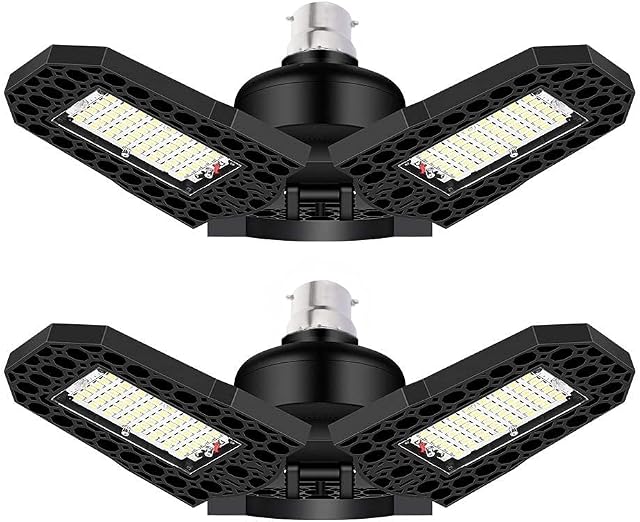 B22 Bayonet Cap LED Garage Lights 2 Pack, 80W Deformable LED Garage Ceiling Lights, Super Bright 9600 Lumens 6000K Daylight LED Shop Lights with 3 Adjustable Panels,CRI 80+ LED Garage Lighting