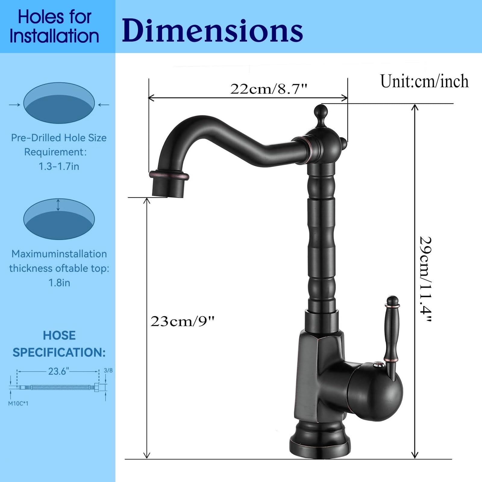 Grifo mezclador de cocina tradicional Bronce frotado con aceite, palanca única Caño giratorio Grifo para lavabo de cocina/baño, Grifo monomando frío y caliente, BL9250B