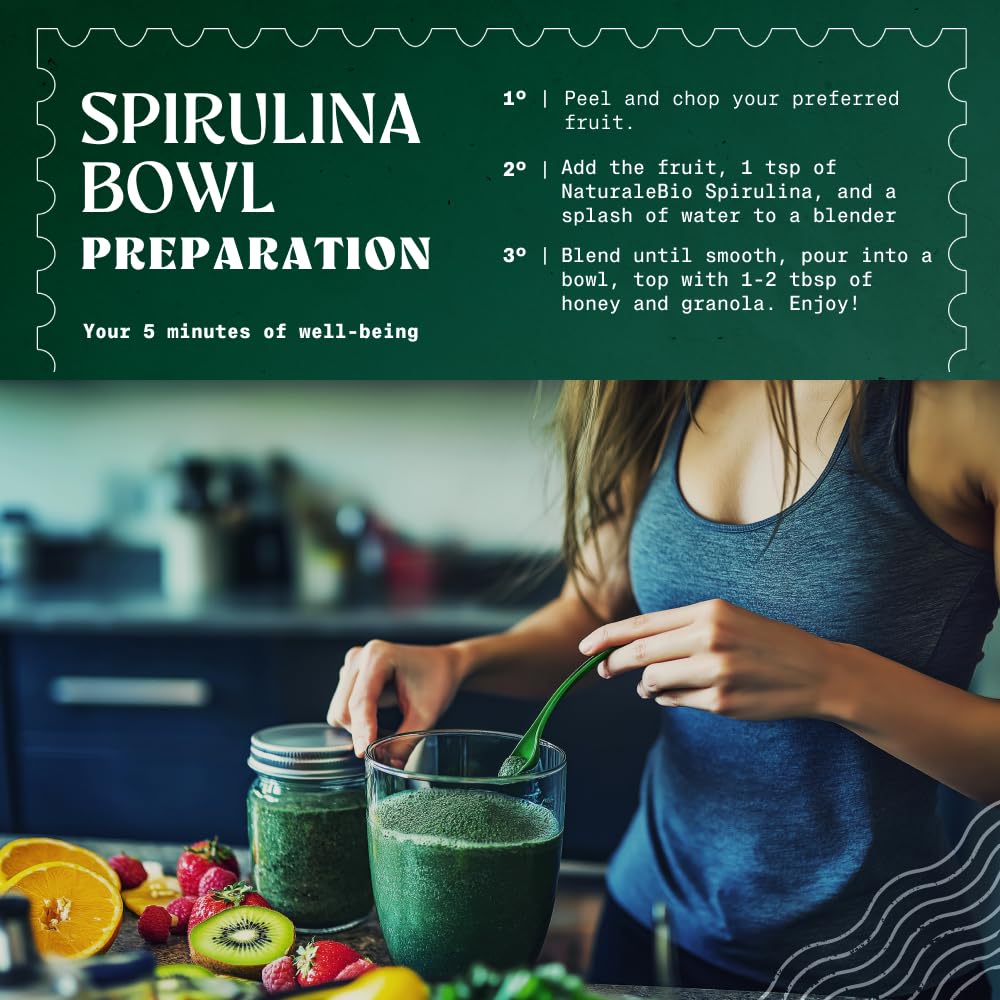 NaturaleBio Spirulina Powder Organic 8 oz. Natural and Raw Spirulina Algae Powder. Vegan and Pure. Cultivated in India in Tamil Nadu. Ideal for Drinks, Smoothies and Recipes. — Amazon image 4