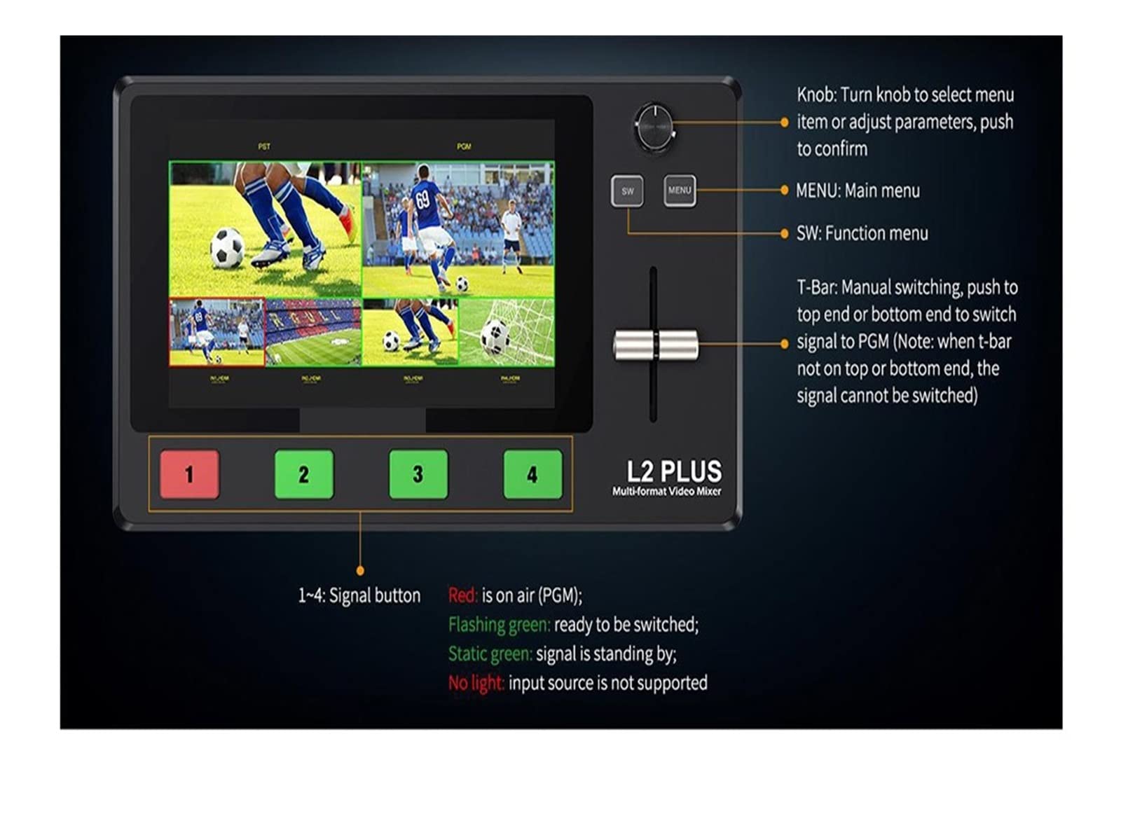 L2 Plus 5.5 "LCD Multi-cámara Video Mixer Switcher con Pantalla táctil PTZ Control Key USB3.0 for transmisión en Vivo para computadora portátil, TV, proyector