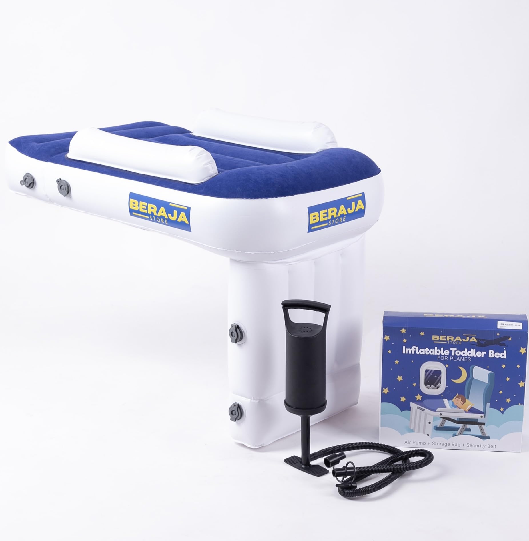 Toddler Airplane Bed Seat Extender for Kids - Airplane Bed for Toddler, Safety Belt, Carry Bag & Fast-Pump - for Toddlers Flight Sleep (Blue)