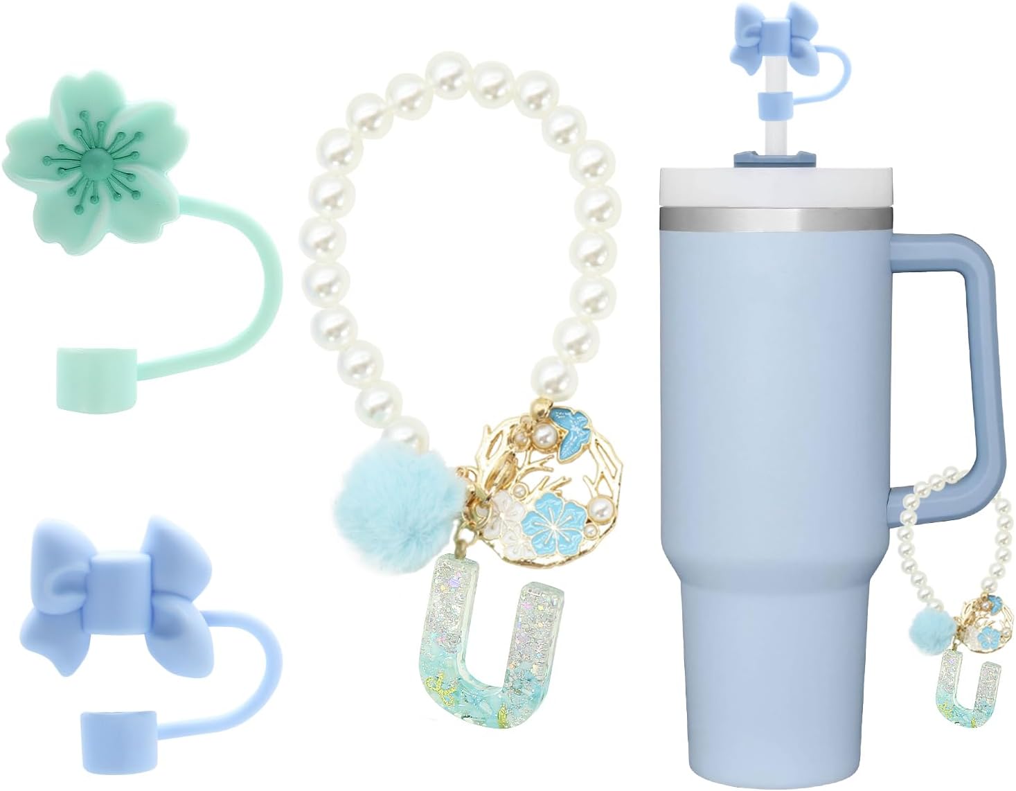 4Pcs cute blue straw toppers for stanley cups,Letter Charm Accessories for Stanley Cup,Name ID Initial Letter for Stanley 30&40 oz Tumbler with Handle,personalized tumbler accessories (U)