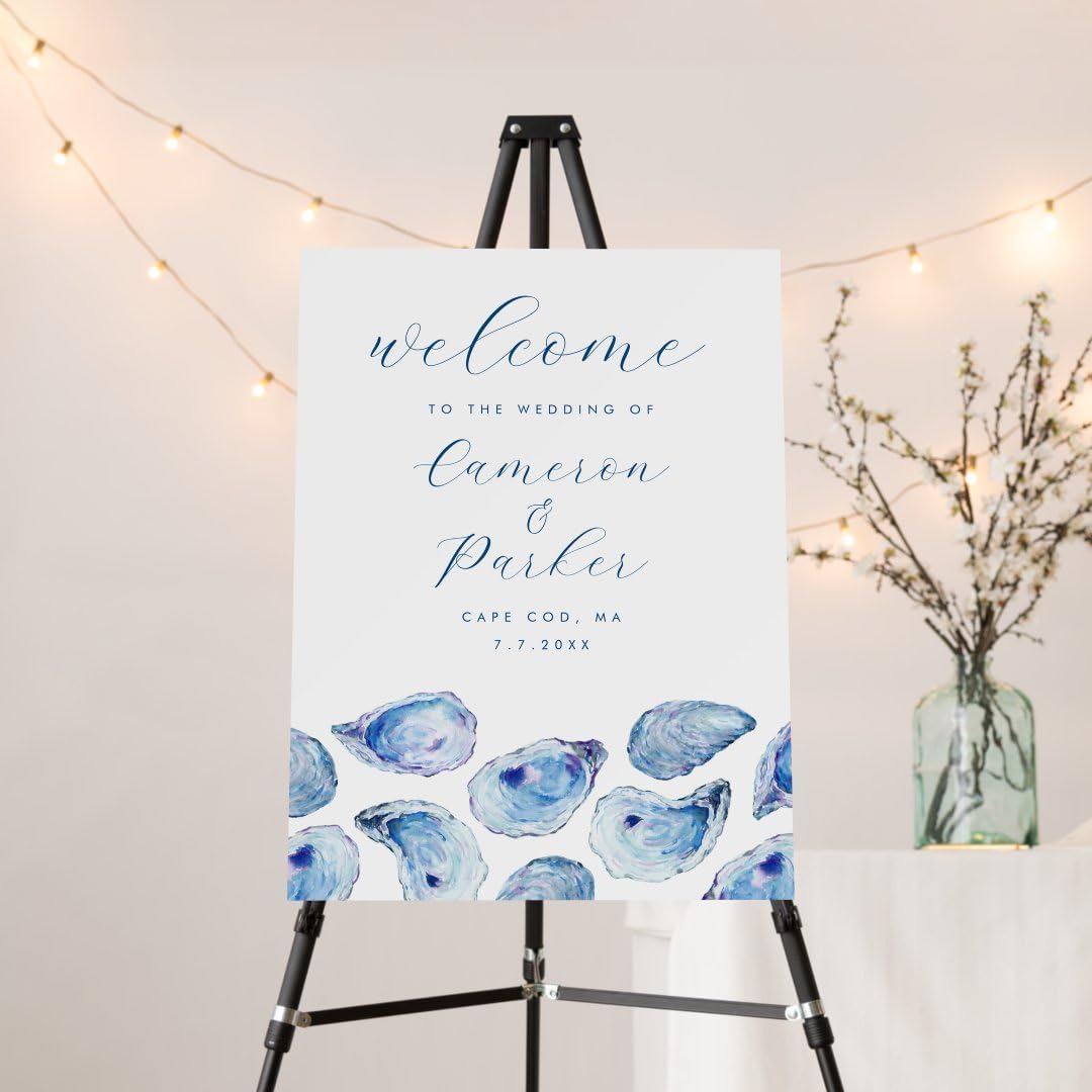 Oyster Blue Watercolor Wedding Welcome Sign, Personalized Ocean Theme Wedding Party Sign, Editable Ocean Summer Welcome Poster, Blue Seashell Party Decoration, Printable Welcome Sign Board