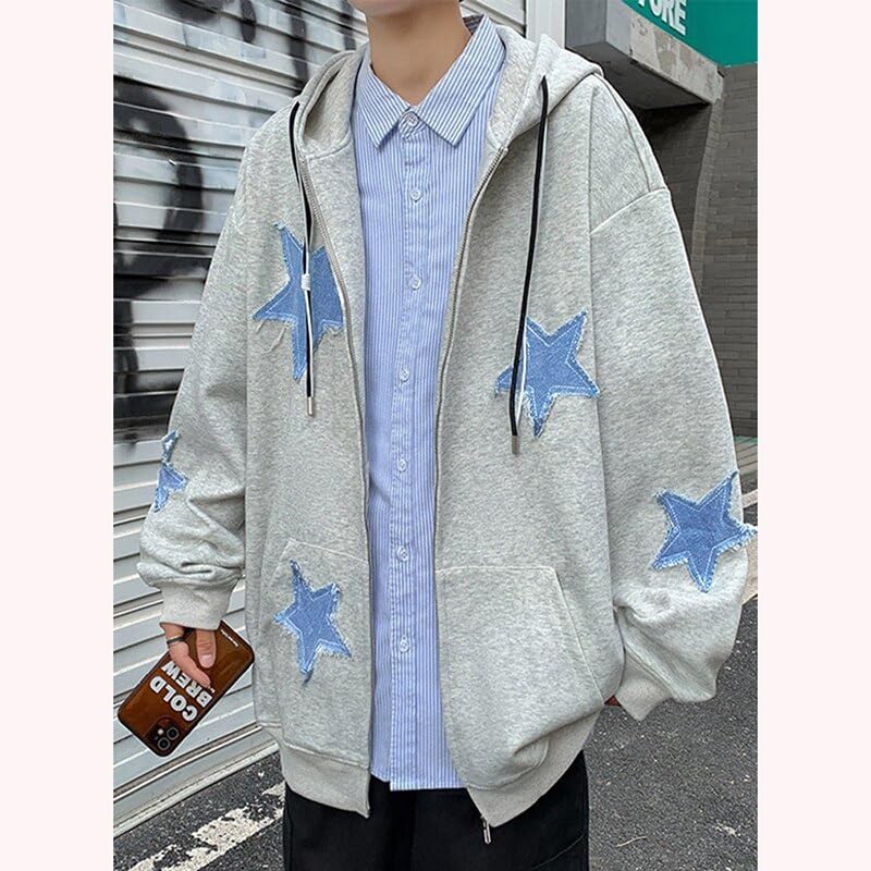 CEINOM Men's Star Patch Zip Up Hoodie for Men Women Graphic Hoodies Oversized Y2k Sweatshirt Jacket E-Girl 90s Streetwear4