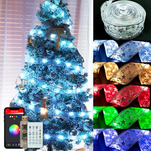 Lphianx Smart Christmas Tree Ribbon String Lights, 33ft 80 Modes Colors Changing Ribbon Light for Christmas Tree, APP & Remote Control, Sync Musical, Timer, USB (Silver) - image 1
