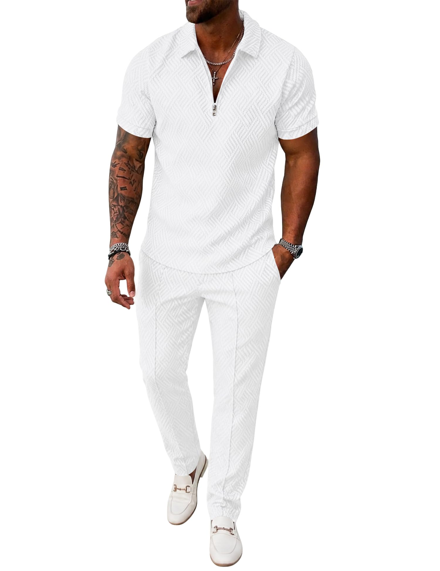 UOUA Mens 2 Piece Outfits 1/4 Zip Polo Casual Pants Summer Set Tracksuit