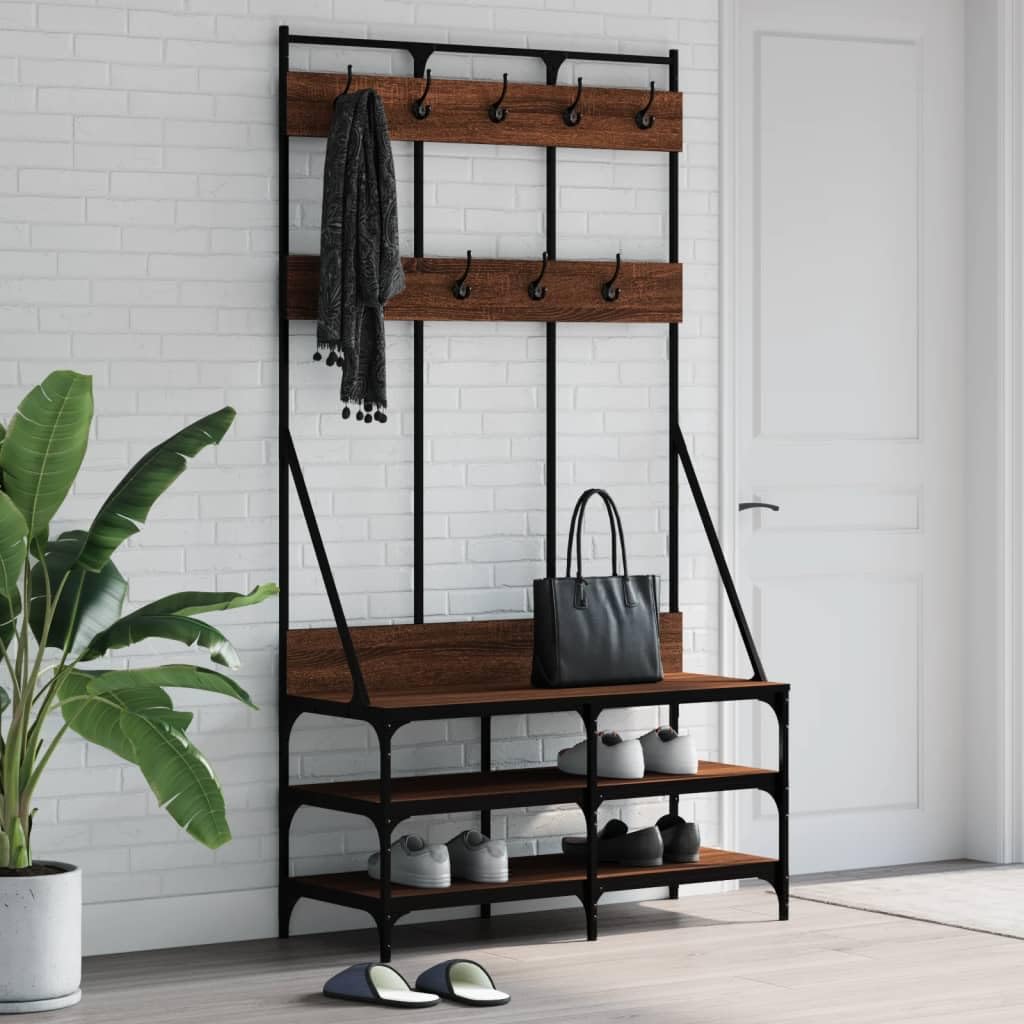 Kleiderständer mit Schuhablage in Braun Eichen-Optik aus Holzwerkstoff und Metall 100x40x184 cm platzsparend für Schlafzimmer Flur Ankleidezimmer mit Rollen und höhenverstellbar