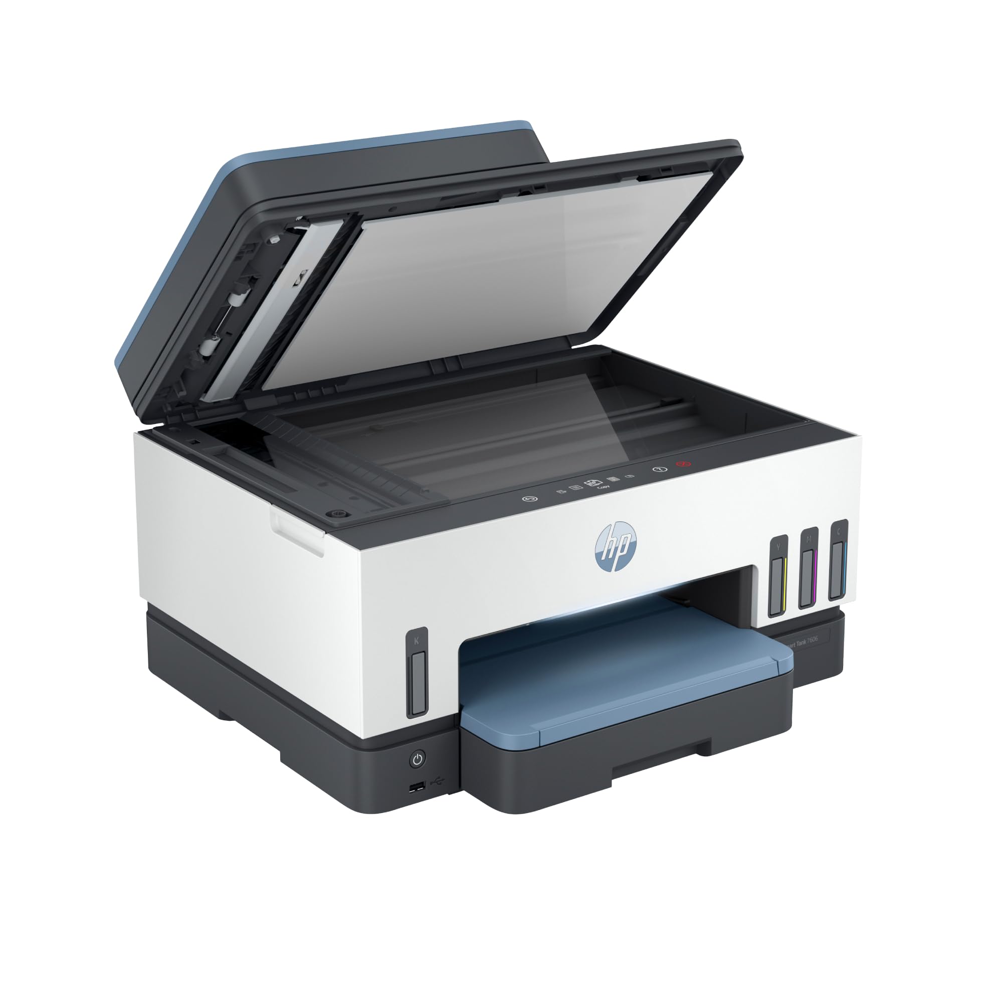 HP Smart Tank 7606 28C03A - Impresora A4 Multifunción con Deposito de Tinta Recargable, Impresión a Color, Escaner, Copiadora, Fax, Wi-Fi, Smart App, Blanco y Azul