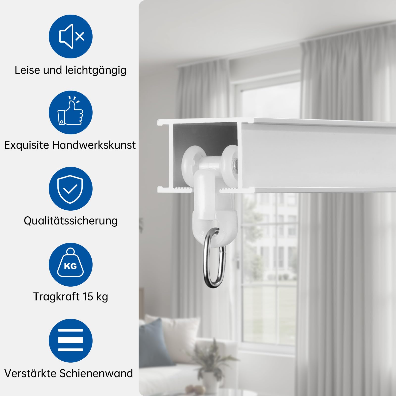 Kit de Rail pour Rideaux de Plafond 92-276 cm | avec Coulisseaux | Rail en Aluminium pour Fenêtre, Chambre et Salon, Blanc